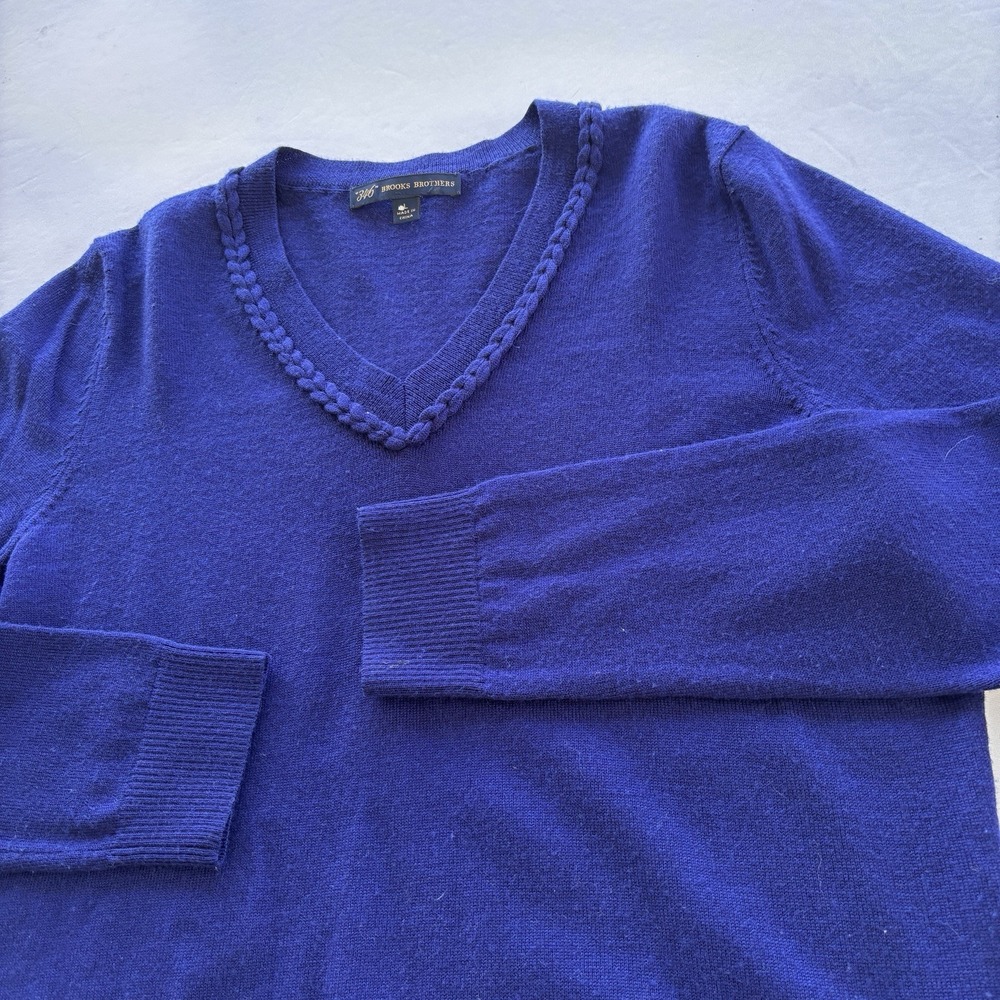 Brooks Brothers 346 Merino Wool V-Neck Sweater Womens L‎ Blue Braided Trim Knit